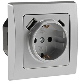 Delphi Socket with USB C - Flush-Mounted 250 V / 16 A UP Socket Clamp Connection Protective Contact Socket with Increased Touch Protection Grey Silver