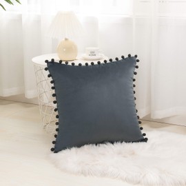 Elegant Comfort POM-POMS Fringe Velvet Cushion Covers Set of 2, Velvet Soft Solid Decorative Square Throw Pillow Covers Set Cushion Case for Couch Bed, Livingroom 18 x 18 Inch (45 x 45 cm), Gray