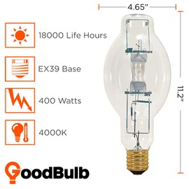 MP400/U/MOG | Metal Halide HID Light Bulb | 400W EX39 Base BT37 ANSI Code M135/M155 | High Output HID Light | 4000K Cool White & Clear Finish | 18000 Life Hours | 2 Pack by GoodBulb