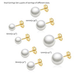 JAXXEL 4 Pairs Pearl Earrings for Women, Pearl Stud Earrings Set 18K Gold Plated Hypoallergenic Earrings Studs Pearl Earrings Fine Jewelry for Women (white 6/8/10/12MM)