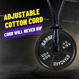 Gym Gifts for Men: Black 45 lb Plate Necklace, Adjustable Cotton Rope Cord, Motivational Gym Rat Gifts for Women, Stylish 1.5in Diameter Gym Gifts for Gym Rats