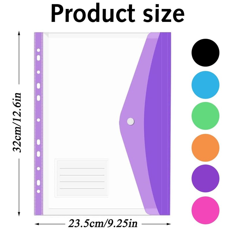 6 Pack Plastic Wallets A4 Punched Pockets, Expandable Poly Pockets