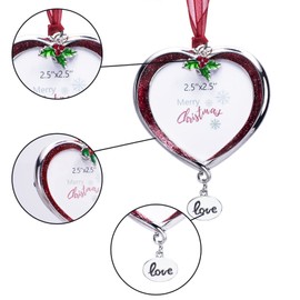 Mulumu Christmas Tree Ornament Picture Frame Metal Hanging Pendant Holiday 2.5" Photo Frame Charm Decorative of Pets, Baby First Christmas, Family (Love Red)