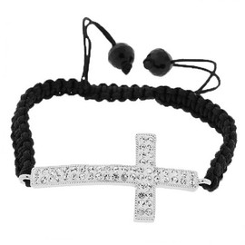My Daily Styles Fashion Alloy Silver-Tone Cross White CZ Black Cord Macrame Beaded Adjustable Bracelet