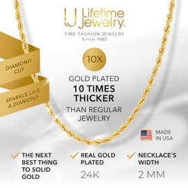 LIFETIME JEWELRY 2mm Gold Rope Chain for Men & Women 24k Real Gold Plated Diamond Cut Gold Necklace for Women & Necklace for Men 14 to 36 Inch | Gold | White Gold (30 inches, Gold)