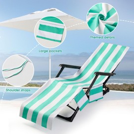 Microfiber Beach Towel,Chaise Lounge Covers Striped Lightweight Fast Drying Microfiber Towel with Pockets for Camping,Swimming Pool,Travel,Yoga,Hiking(Grass Green,85''x 30'')