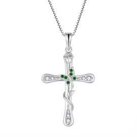 CARICY Cross Necklace for Women 925 Sterling Silver Butterfly Jewelry May Emerald Birthstone Pendant Necklace for Mother's Day or Birthday