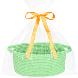 ABenkle Small Basket with Gift Bag and Ribbons, 12"x 8" x 5" Cute Small Woven Basket, Rope Shelf Toys Storage Basket with Handle, Decorative Empty Gift Basket