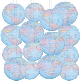 15Pcs Around The World Paper Lantern Hanging Decorations Travel Map Globe Theme Decor for Earth Day Classroom Birthday Party Supplies