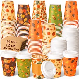 100 Pcs 12oz Fall Thanksgiving Coffee Cup with Lid and Sleeves Bulk