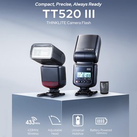 GODOX TT520III Camera Flash with 433MHz Receiver, Single-Contact Hotshoe, 8 Power Levels Compatible for Canon Sony Nikon Fuji Panasonic Olympus