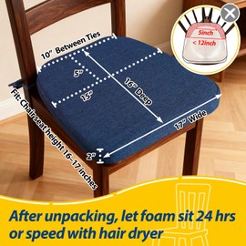 AAAAAcessories D-Shaped Chair Cushions, 2" Thick Dining Chair Pads with Ties and Removable, Machine-Washable Cover, 17" x 16", Blue