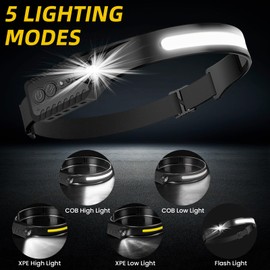 Faro LED recargable, COB230°, faros delanteros de haz ancho, 5 modos de faros ligeros con sensores de movimiento, faros de carga USB tipo C, adecuados para correr de noche, pesca nocturna, ciclismo, campamento