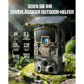CEYOMUR 4K 30fps Solar Wildlife Camera, 64MP Wi-Fi 6 Wildlife Camera with Mobile Phone Transfer App, 120° Detection Angle, Wildlife Camera WLAN with 0.1s Trigger Time, 5200 mAh Battery, 64GB SD Card, IP66 Waterproof