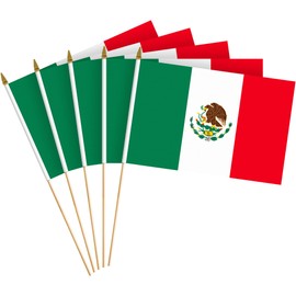 G128 50 Pack Handheld Mexico Mexican Stick Flags | 8x12 In | Printed 150D Polyester, Country Flag, Solid Wooden Stick, Spear Gold Tip