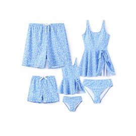 PATPAT Family Matching Swimsuits: Men Swim Trunks Quick Dry Swimming Board Shorts - Daddy and Me Matching Bathing Suit for Summer Beach Vacation, Blue Floral, Men, X-Large