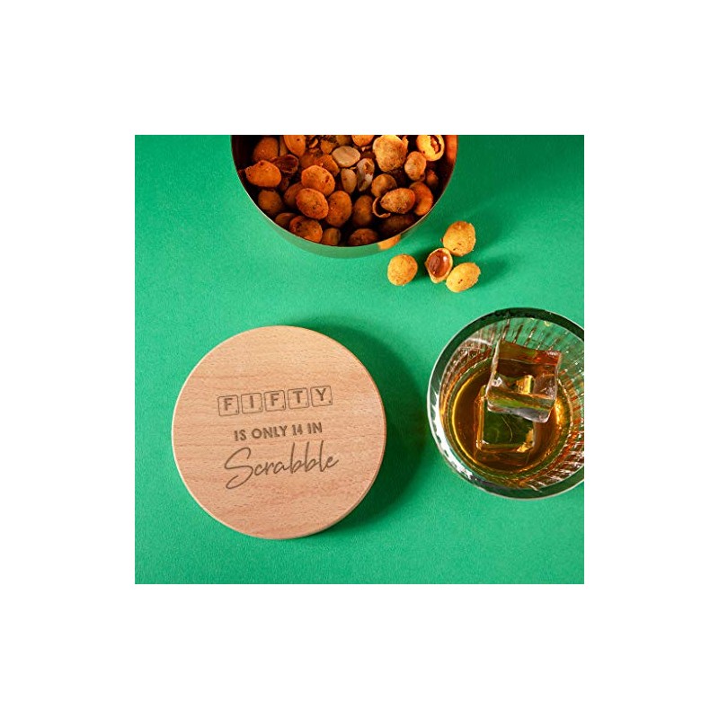 "Fifty Is Only 14 In Scrabble" Engraved Wood Coaster -
