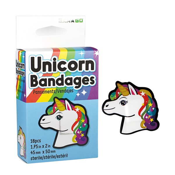 GAMAGO Unicorn Bandages Kids & Kidults - Set of 18 Individually Wrapped Self Adhesive Bandages - Sterile, Latex-Free & Easily Removable - Funny Gift & First Aid Addition