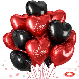 12 Pcs Heart Balloons, 18 inch Valentine's Day Balloons, Red Black Heart Mylar Helium Balloons, Heart Love Printed Foil Balloons for Valentine's Day Wedding Baby Shower Anniversary Party Decorations