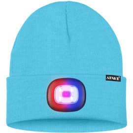 ATNKE LED Lighted Beanie Hat,USB Rechargeable 4 LED Red and Blue Flashing Running Headlamp Cap Gifts for Men and Women/#Light Blue