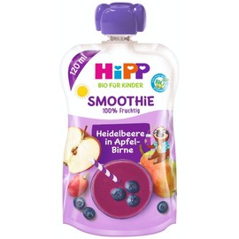 HiPP Smoothie Mix in Squeeze Bag, Blueberry in Apple Pear, 100% Organic Fruits without Added Sugar, 6 x 120 ml Bags
