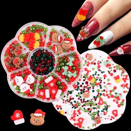 6 Grid Christmas Nail Art Charms 3D Mixed Christmas Resin Charms Cartoon Santa Claus Elk Xmas Tree Gloves Snowman Nail Designs Red Green Beads Nail Gems Jewelry Flat Back Nail Accessories for Women