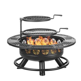 Verdeluxe 36 Inch Fire Pit with 2 Cooking Grills,Outdoor Wood Burning BBQ Firepit with Lid, 3-in-1 Outdoor Fire Pit for Backyard Deck Bonfire Patio Picnic