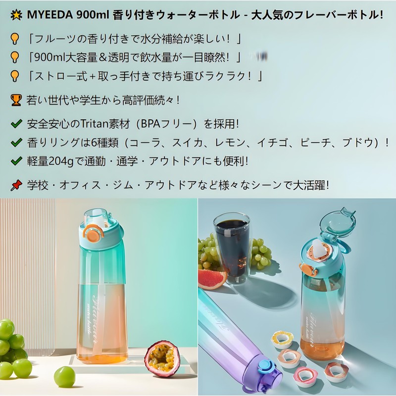 【新感覚】 MYEEDA ウォーターボトル 900ml 大容量 水筒 Tritan製 香り付き フレーバーボトル ストロー付き