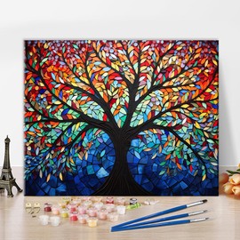 Tree of Life Paint by Numbers, Colorful Tree Paint by Number for Adults, DIY Paint by Number Kits, Tree of Life Painting by Numbers, Easy Number Painting Canvas Arts for Adults, 16 x20 Inch