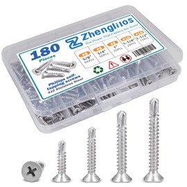Drywall Screws Assortment Kit, Wood Screws for Drywall,180PCS, 410 Stainless Steel Self Drilling Screw 5Sizes #8（5/8inch、3/4inch、1inch、）#10（1-1/4 inch、1-1/2 inch）