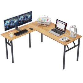 Need L Shaped Folding Desk, Reversible Computer Desk for Home Office, Large Foldable Gaming Desk Table Workstation, Teak and Black