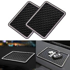 Xotic Tech 2pcs Bling Crystal Black Anti-Slip Thick Car Dashboard Sticky Mat for Cell Phone, Car Key, Sun Glasses (Size: 7.16" x 5.62")