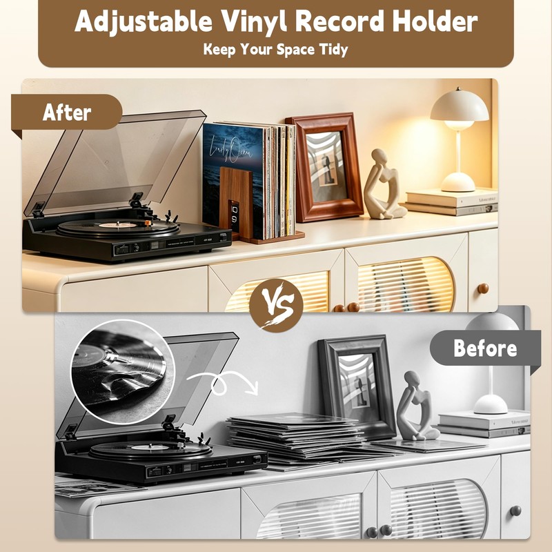 QUALLON Adjustable Vinyl Record Holder Solid Acacia Wood, 20–60 LP