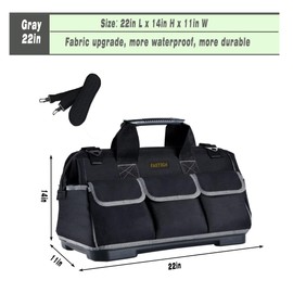 FASTECH 22-inch Wide Mouth Tool Bag with Water Proof Molded Base, Waterproof Tool Organizer Bag for Men with Adjustable Shoulder Strap (Grey-22INCH)