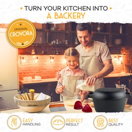 Crovora Pre-Seasoned Cast Iron Dutch Oven for Bread Baking with Skillet Lid - Incl. Sourdough Bread Baking Supplies like Banneton Bread Proofing Basket, 5QT Cast Iron Bread Pan, Bread Oven
