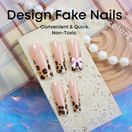 French Tip Nails - 12 Sizes Fake Nails with Glue - Long Coffin False Nails - Press on Nails with 3D Pink Bows - Leopard Print Deisgn Stick on Nails - Full Cover Acrylic Nails for Women Daily Wear