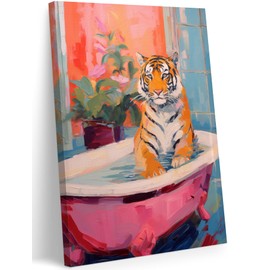FWAHREN Tiger in Pink Bathtub Funny Bathroom Wall Art, Eclectic Cute Animal Painting Canvas Prints Artwork, Framed Fun Coquette Girly Bathroom Wall Decor for Restroom Powder Room Dorm Gym, 12x16in