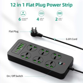 Flat Plug Extension Cord, Power Strip with 6 Universal Outlets 4 USB 2 USB C Ports, 3.1A Fast Charge，Overload Protection, 3000w, 110-240v, Outlet Extender for Home Office Overseas Travel Essentials
