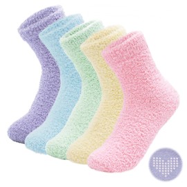 Leapop Womens Fluffy Slipper Socks 5 Pairs, Soft Cozy Winter Warm Thick Bed Fuzzy Socks with Heart-shaped Non Slip Grips, Thicker Warm Home Sleeping Hospital Socks