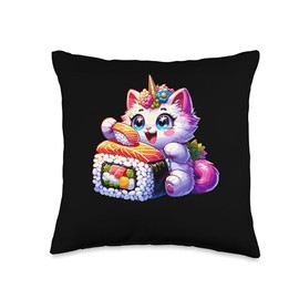 Kawaii Cat Flowers Unicorn Eating Big Sushi Japanese Food Throw Pillow