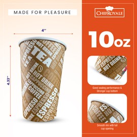 CHEF ROYALE 100 x 10oz Brown Printed Paper Cups - Single Wall Disposable Paper Cups for Hot & Cold Drinks - Coffee Cups Perfect for Cafe, Home and More. (100)