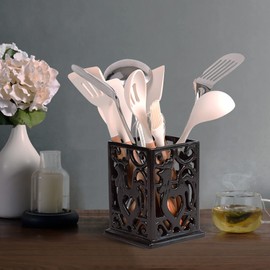 Minluful Vintage Utensil Holder for Countertop, Robust Cast Iron Utensil Holder for Kitchen Counter Cooking Tools Crock Spoon and Spatula Holder Organizer, Coffee Gold