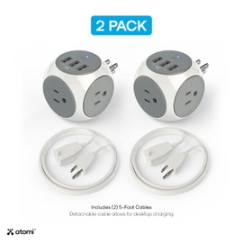 Atomi Power Cube 2-Pack – 3AC Outlets + 3 Smart USB Ports + 5-ft. Cable