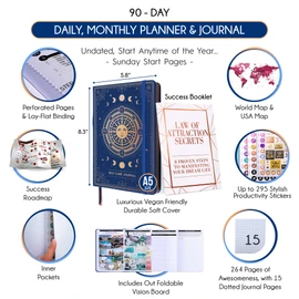Self Care Journal - 5 Minute Mental Health & Manifestation Journal | 90-Day Undated Daily Planner for Positivity, Affirmations & Gratitude | Guided Mindfulness, Reflection | Vision Board + Stickers