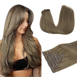DOORES Seamless Clip in Hair Extensions Real Human Hair, Medium Light Brown 20 Inch 110g 7pcs, Human Hair Extensions Clip in Hair Extensions Remy Hair Straight Long Hair Extensions