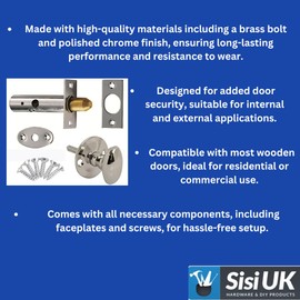 SISI UK Heavy Duty Rack Bolt Door Lock Security Kit in Polished Chrome Oval Turn Knob with Rack Bolt Provides Extra Security as a Secondary Lock Enhanced Protection for Doors.