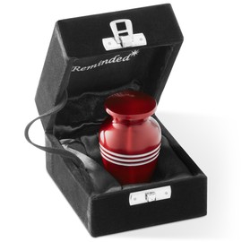 Reminded Small Cremation Memorial Urn for Human Ashes, Red with Silver Striped Miniature Keepsake Urn with Velvet Case