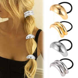 4PCS Metal Ponytails Hair Cuffs Gold & Silver Ties, Geometric Elastic Fashion Glossy Arch Accessories for Women, Ponytail Cuff with Elastic Ties