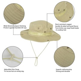 Men & Women Wide-Brim Sun-Boonie-Hat Safari Foldable Fishing-Hat UPF 50+ Bucket-Hat for Fishing Hiking Khaki