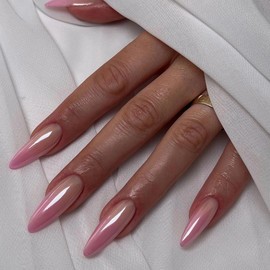 MERVF Long Stiletto Press on Nails Pink French Tip Fake Nails Press ons Ombre Design Almond Glue on Nails Chrome Acrylic False Nails Glossy 24pcs